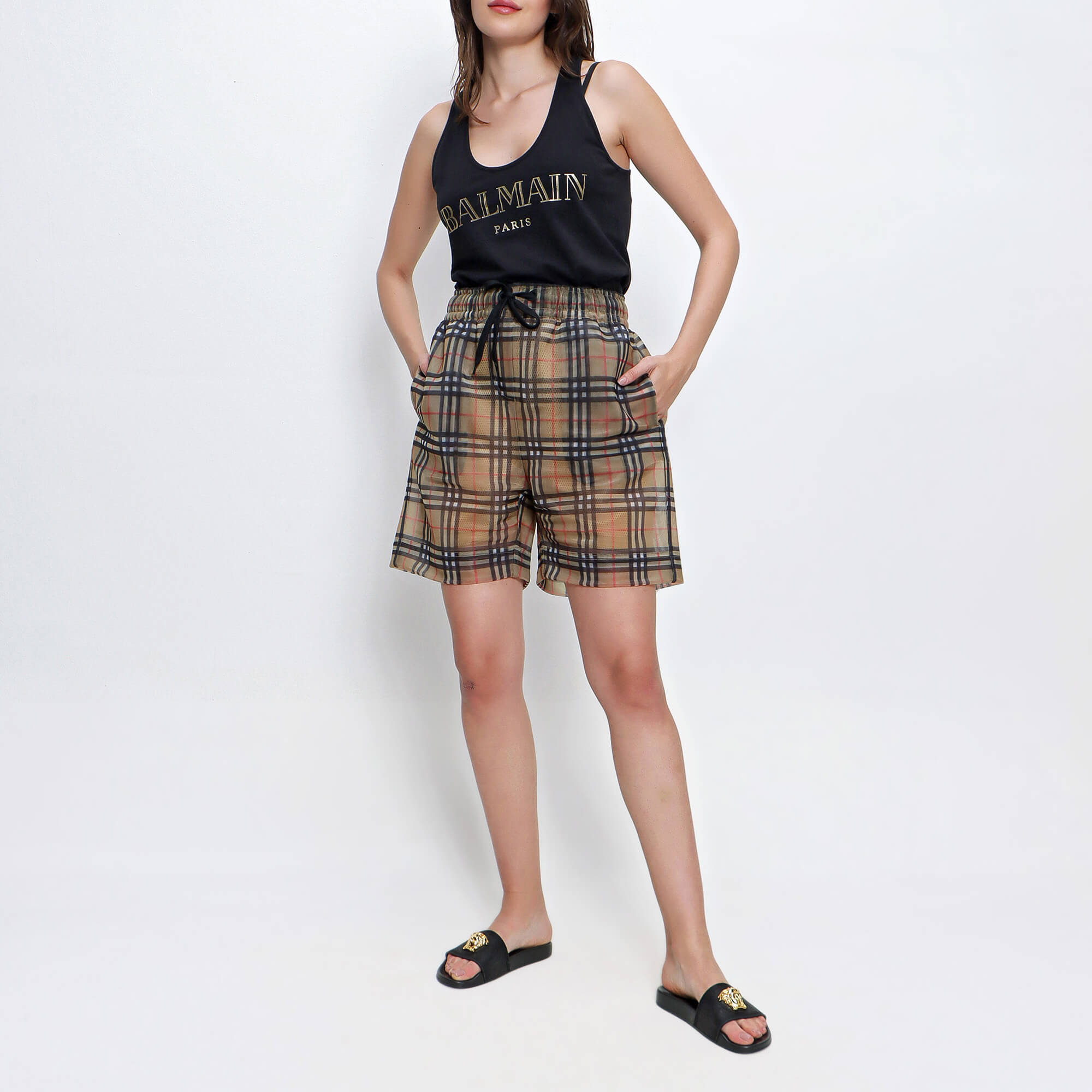 Burberry - Beige Check Polyester Shorts